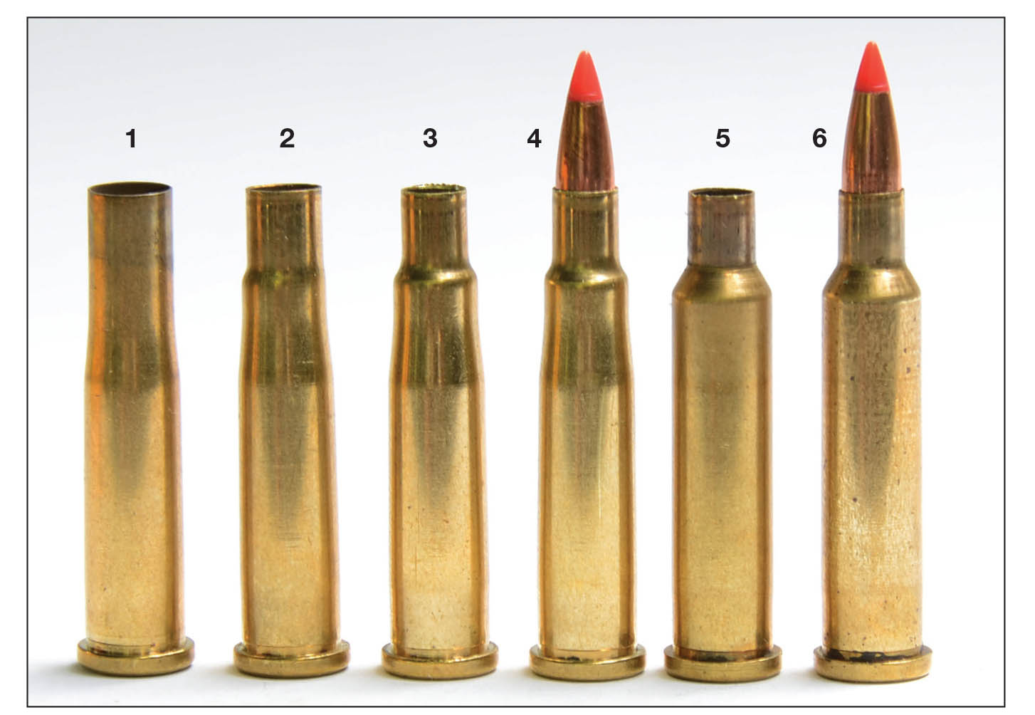 Forming cases for .17 Ackley Hornet from .22 Hornet brass requires a few steps: (1) .22 Hornet case, (2) necked down to .20 caliber in form die, (3) necked down to .17 caliber and trimmed in file trim die, (4) load for fire-forming, (5) a formed case and (6) a loaded .17 Ackley Hornet round.